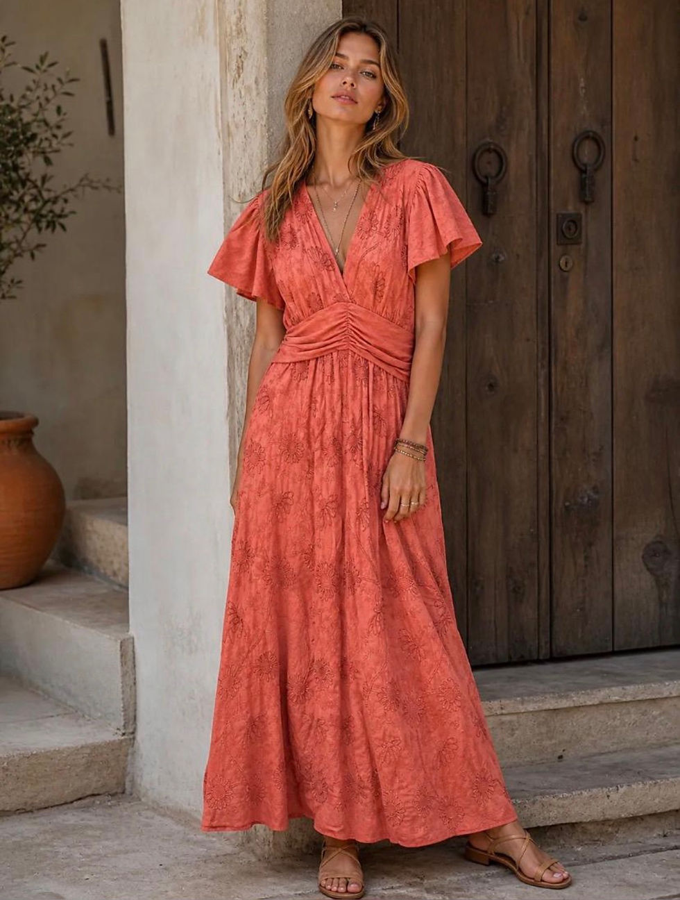 Thumbnail: Embroidered flower V-neck dress 