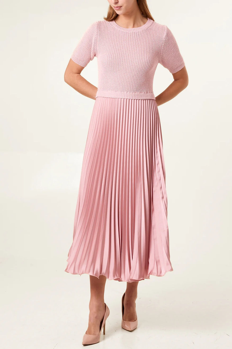 Thumbnail: Short sleeve jumper with satin pleated skirt dress