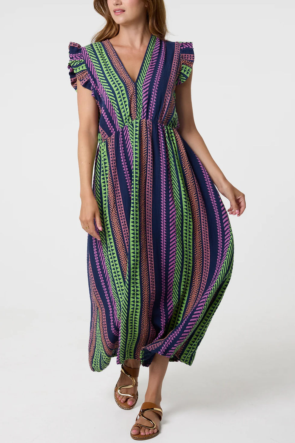 Thumbnail: Frill sleeve Aztec cheesecloth V-neck maxi dress