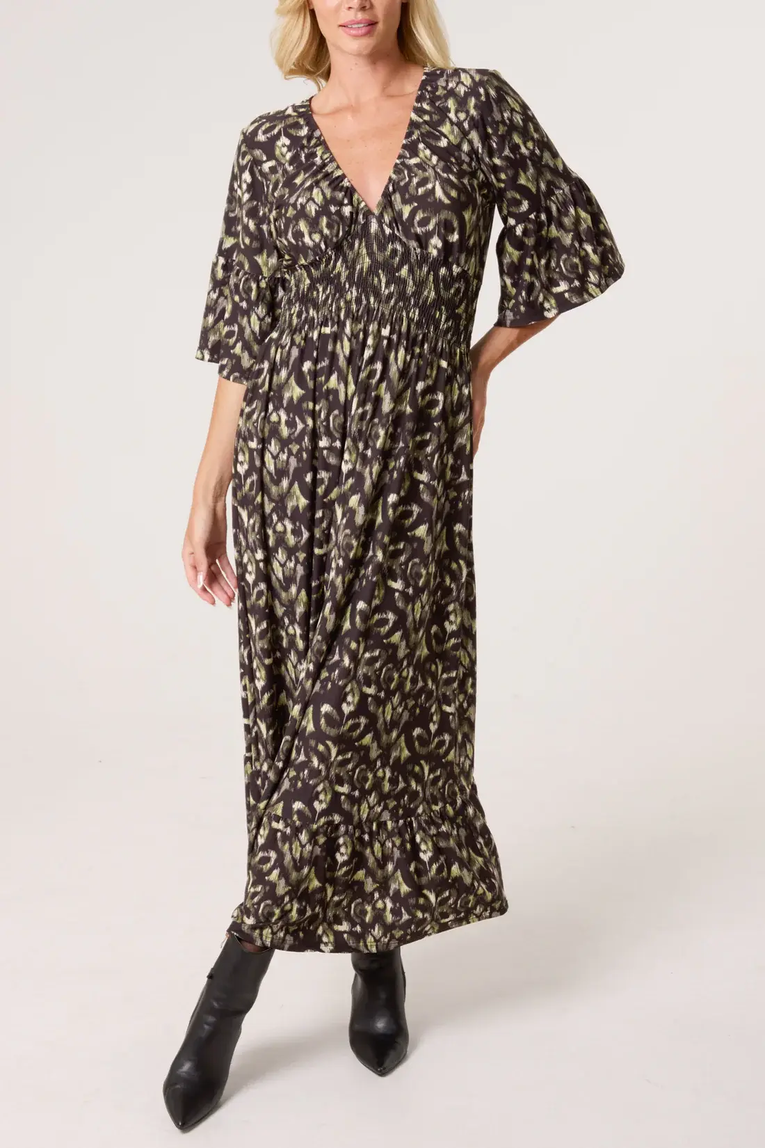 Abstract animal V-neck shirred waist midi dress