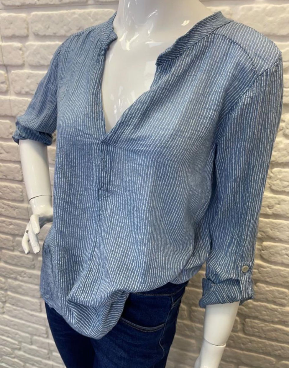 Thumbnail: Grandad collar striped V neck blouse