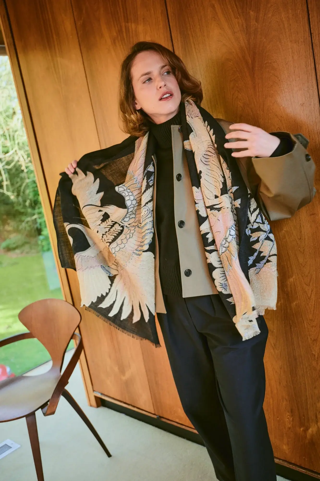 One Hundred Stars Crane Black Wool Scarf