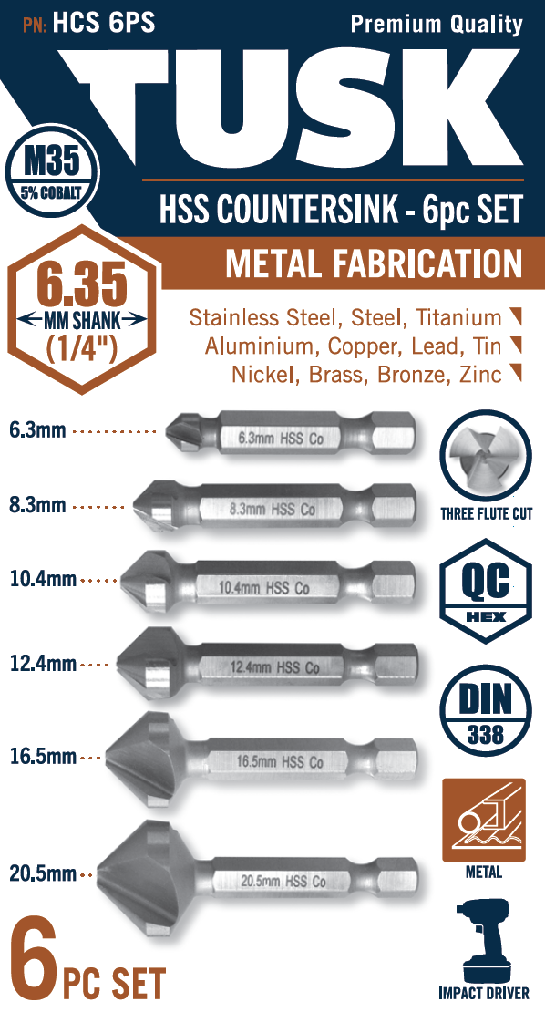 Thumbnail: HSS Countersink 6pc Set 6.3/8.3/10.4/12.4/16.5/20.5 QC Hex M35 5% Cobalt