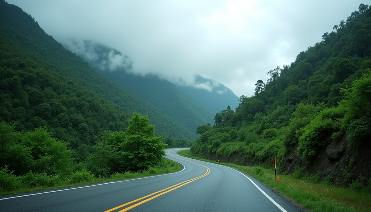 Eye-level view of winding mountain road surrounded by lush greenery at Malshej Ghat
