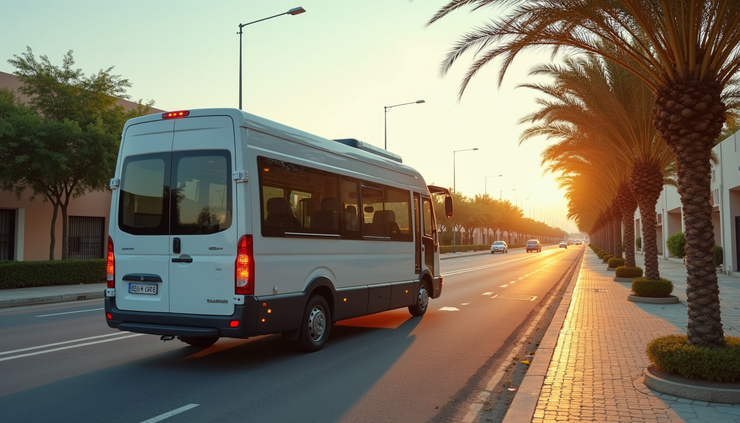 Wide angle view of a spacious Urbania vehicle parked near a highway