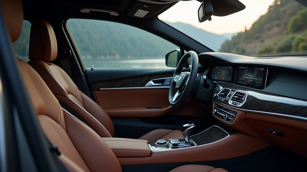 Close-up view of a luxury car interior showing leather seats and a digital control panel