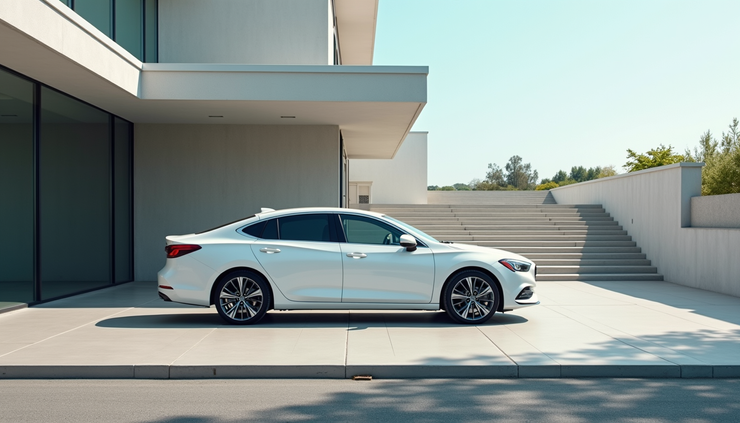 Eye-level view of a clean white sedan parked outside a modern building