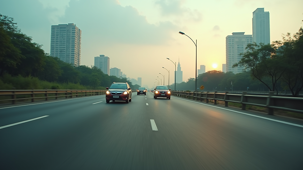 Eye-level view of a busy highway connecting Pune and Mumbai with cars moving smoothly