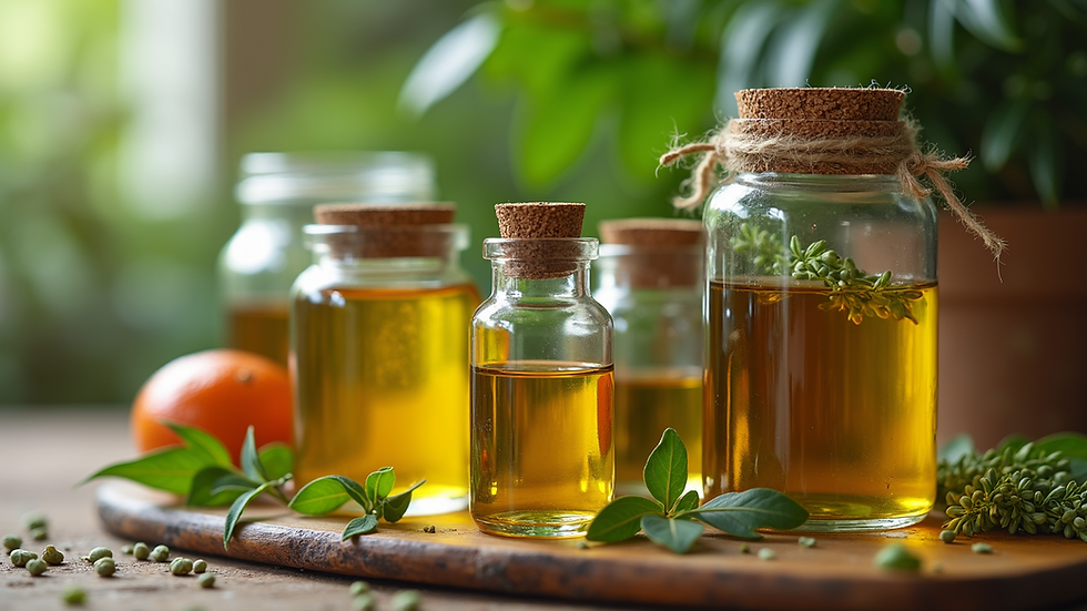 Eye-level view of jars filled with natural oils and herbs