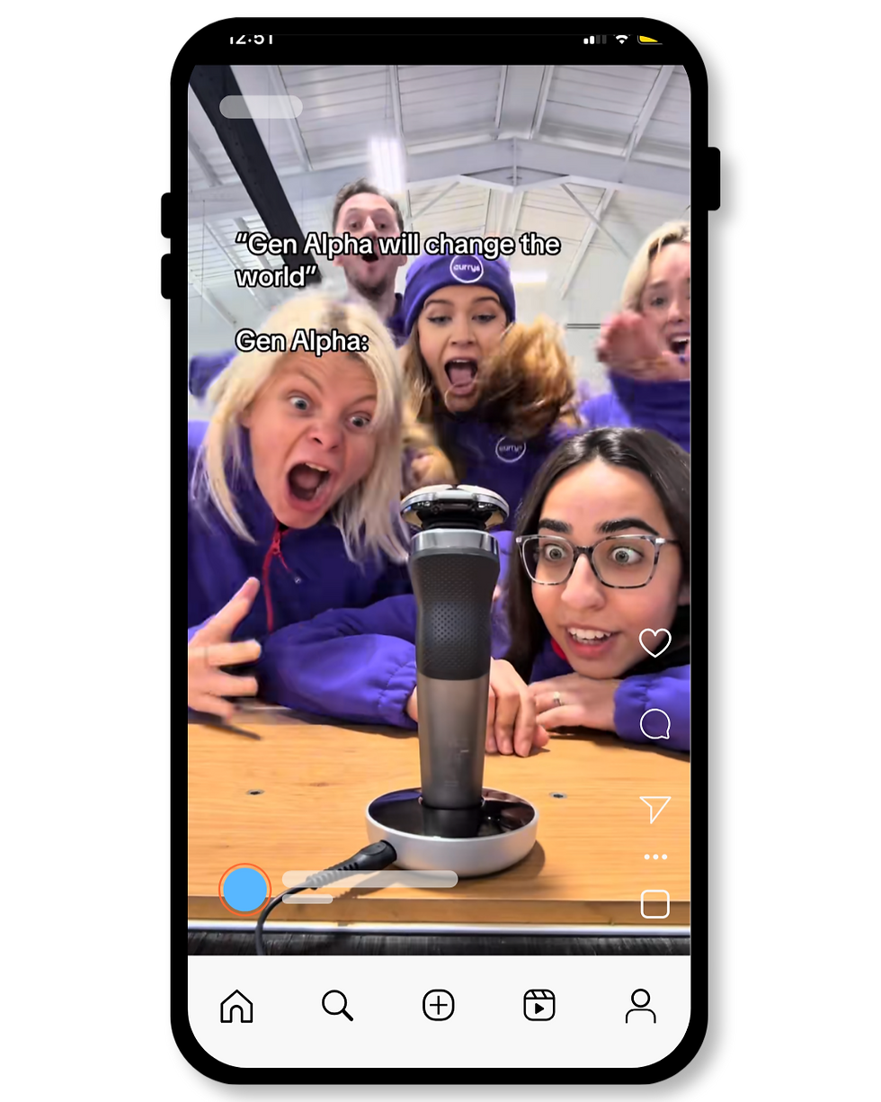 Excited group in purple crowd around a microphone in an Instagram reel, with text: Gen Alpha will change the world and Gen Alpha: