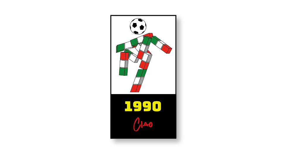 Black poster with a red, green, and white soccer figure and ball above 1990, with red Ciao text.