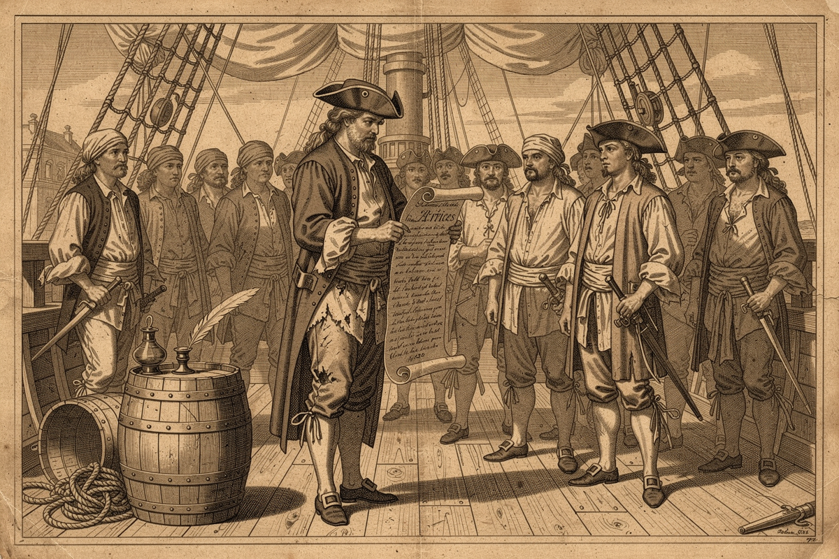 A pirate crew gathered on deck around a quartermaster reading aloud from the ship's articles, an inkpot and quill resting on a barrel