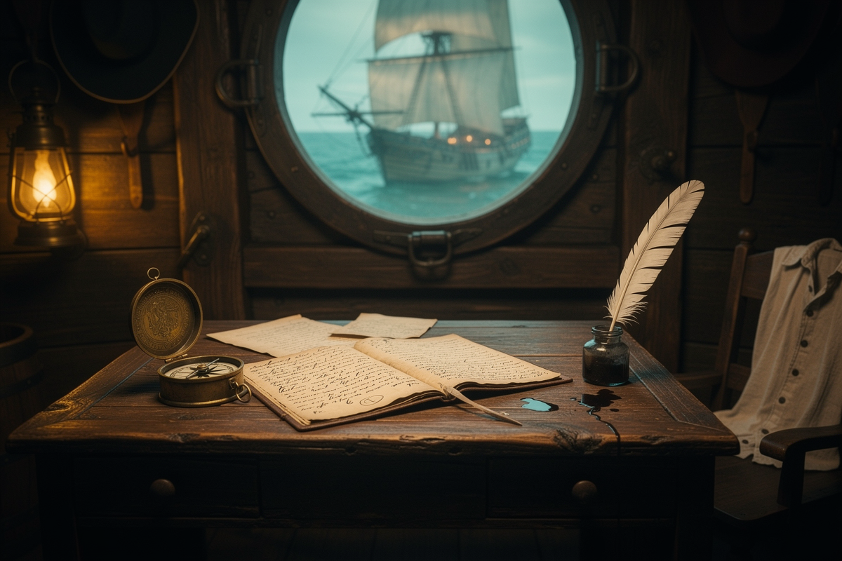 A captain's log and quill rest on a wooden desk beside a brass compass, lantern light glowing near a porthole view of the sea.