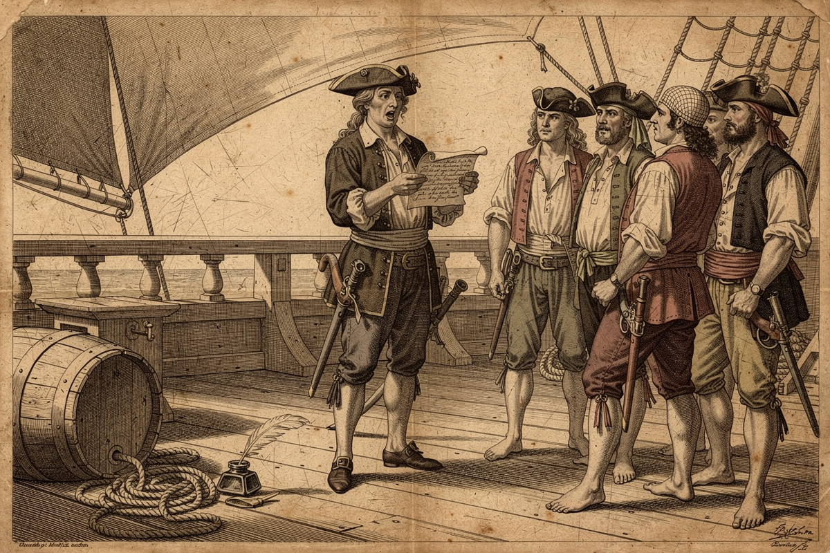 A pirate quartermaster reads the ship's articles aloud to an assembled crew on deck, late 1690s Caribbean