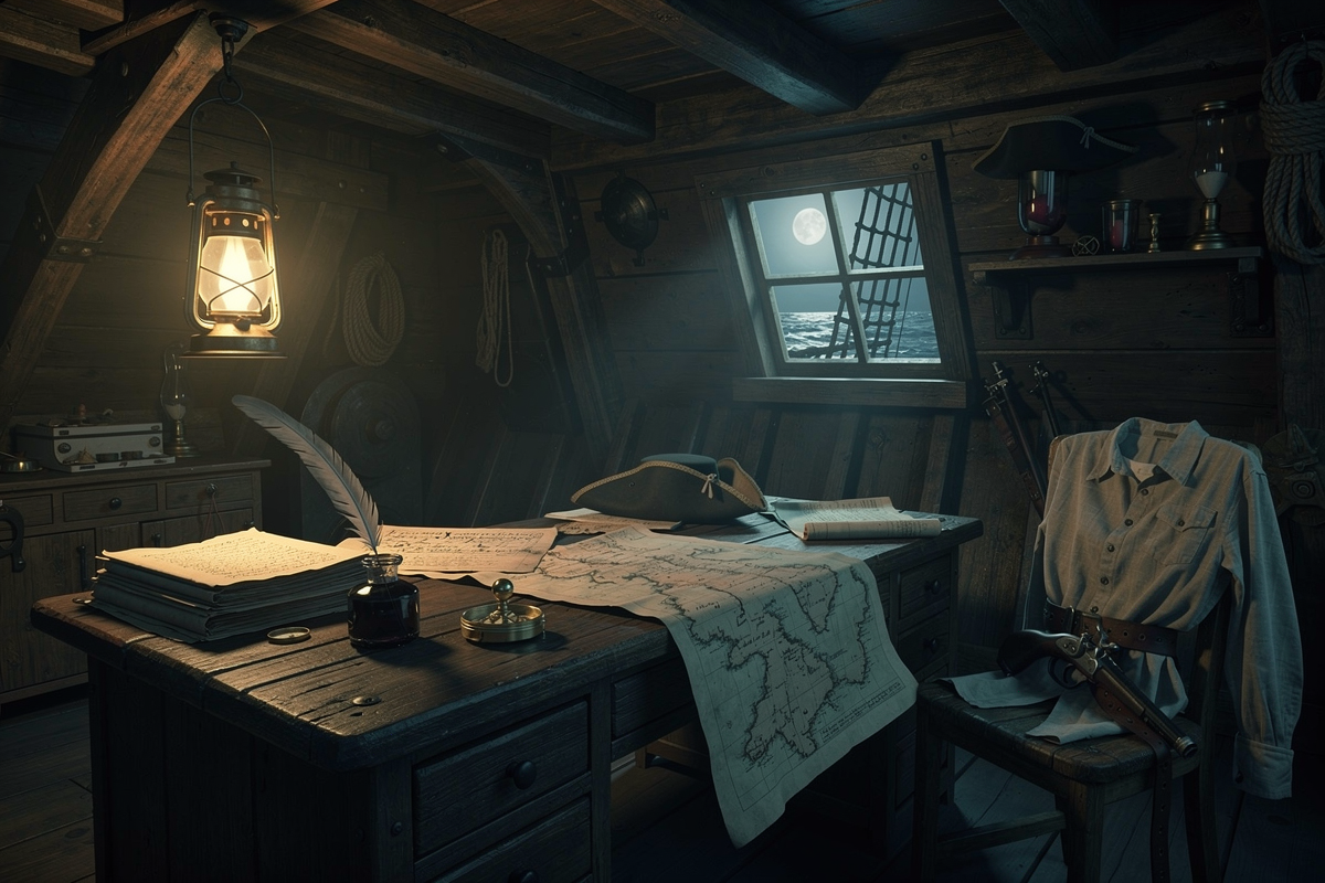 A captain's desk aboard an early 1700s sailing ship, with handwritten pages, a quill and inkwell, sea charts, and a lit lantern by the stern window