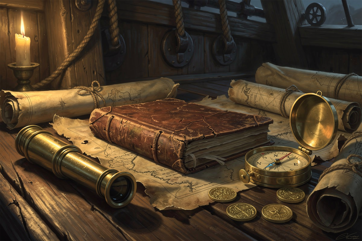 A captain's table with spyglass, charts, compass and a leather-bound book
