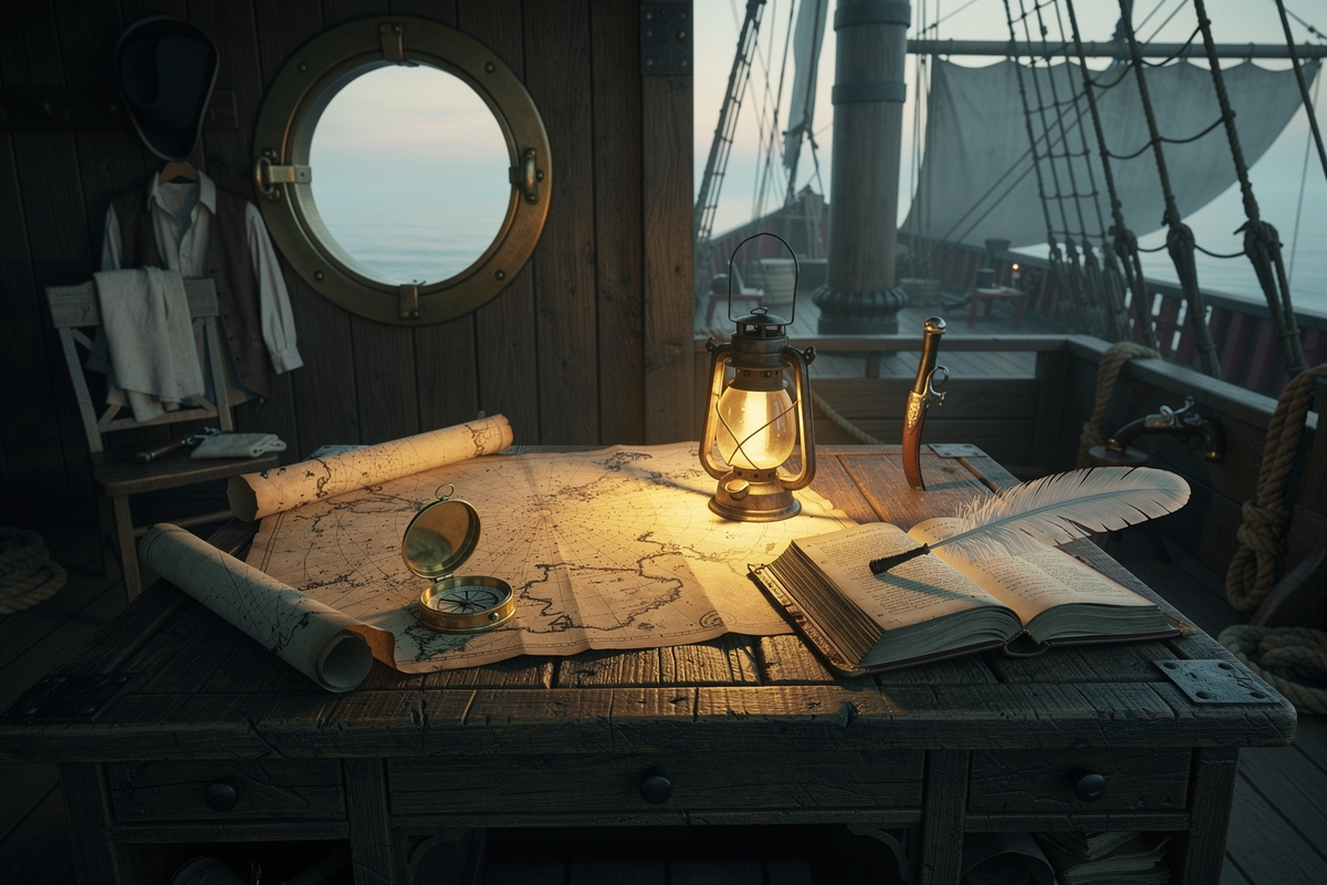 A weathered captain's writing desk aboard a wooden ship, charts and a brass compass spread across dark wood, morning light through a cabin window.