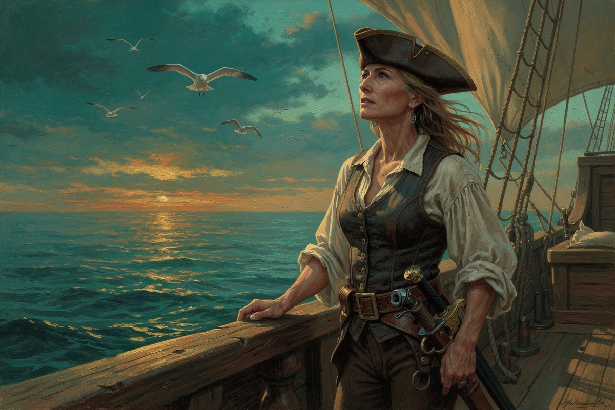 A weathered woman pirate stands at a wooden ship's rail at dusk, watching seabirds over a calm sea.