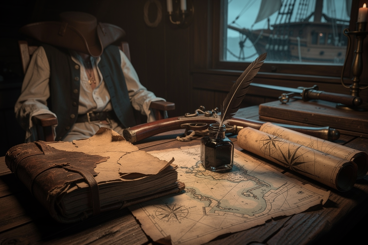 Weathered ship's log and hand-drawn harbor chart under candlelight