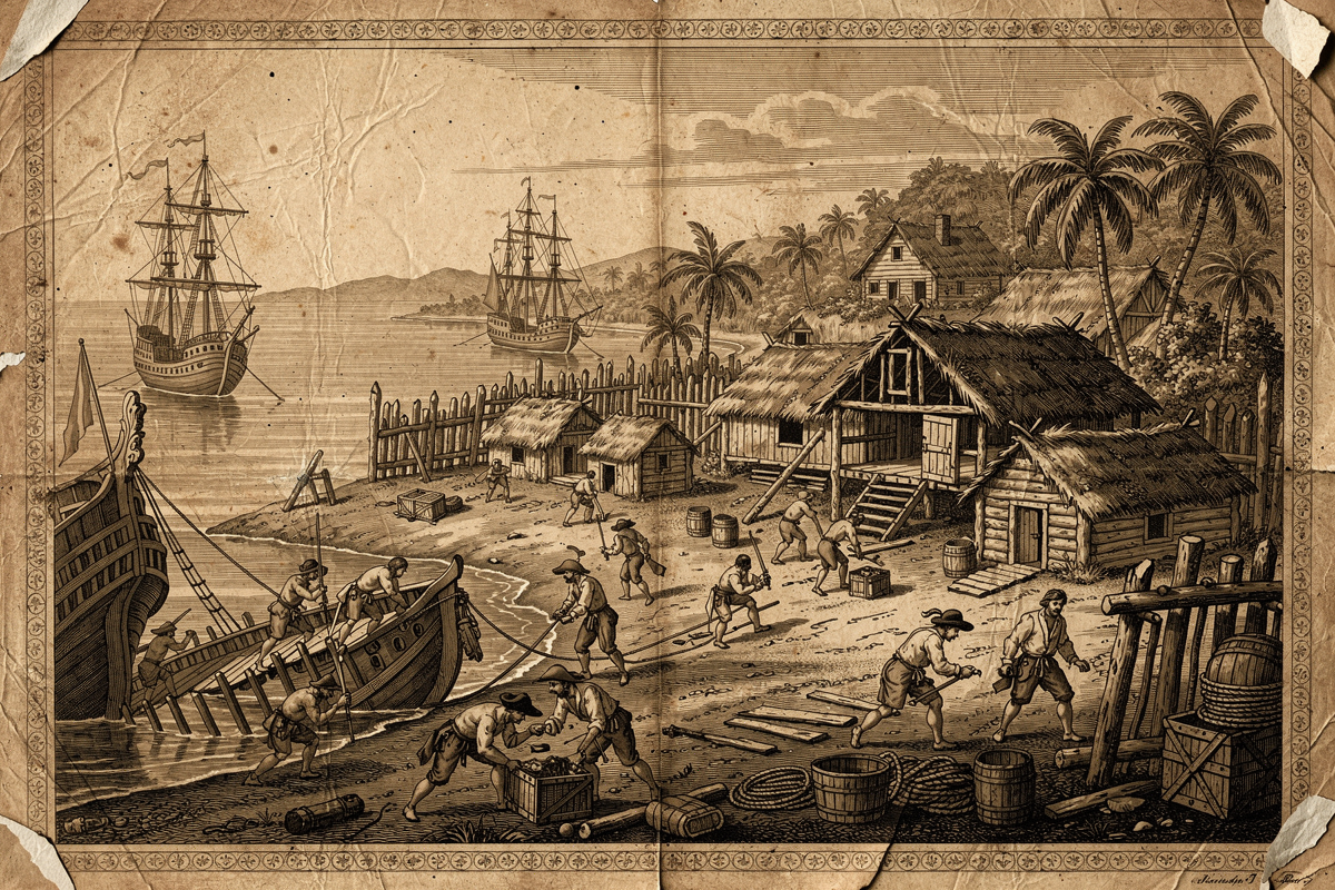 A ramshackle harbor at New Providence in 1698, ships careened on the beach, thatched huts along the shore