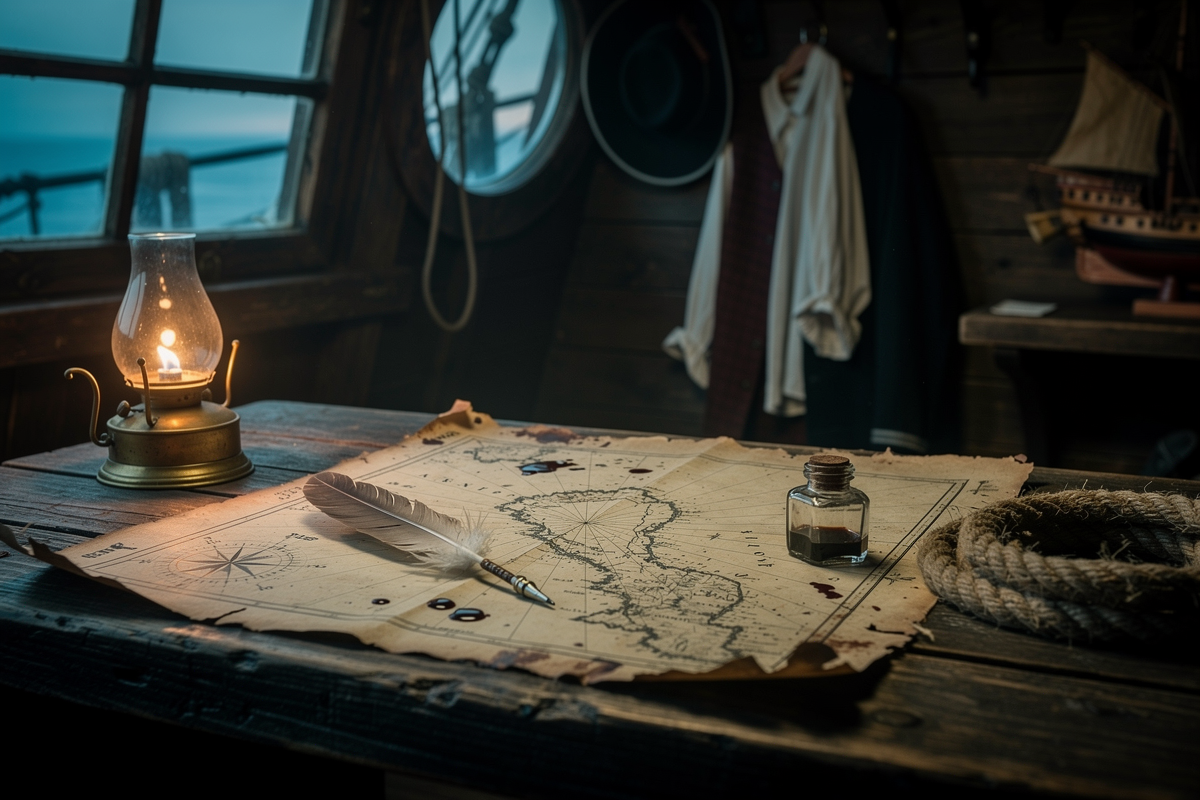 A worn hand-drawn sea chart on a wooden cabin table, lit by a low oil lamp, with a quill and ink pot beside it.