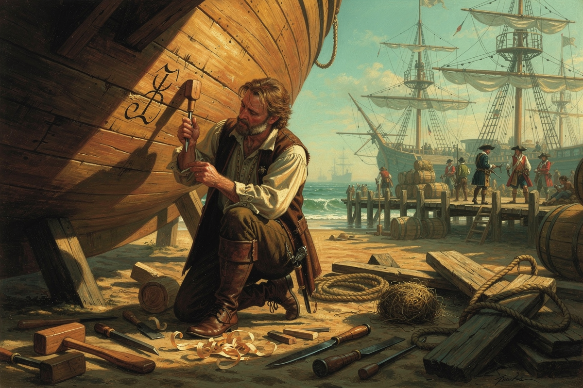 A weathered pirate shipwright carving a hidden mark into a wooden hull on a careened ship in a bustling 1700s Caribbean harbor