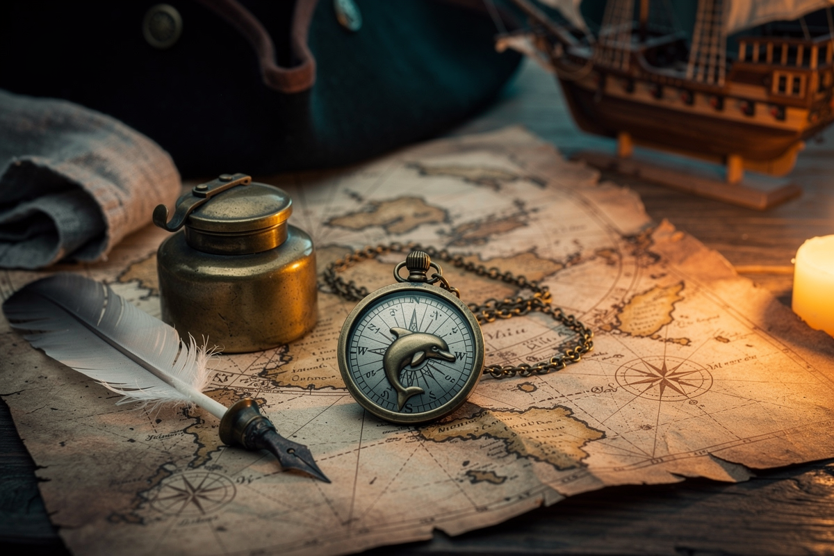 A small brass compass pendant with a dolphin worked into its face, resting on a weathered ship's chart beside a quill and inkwell.