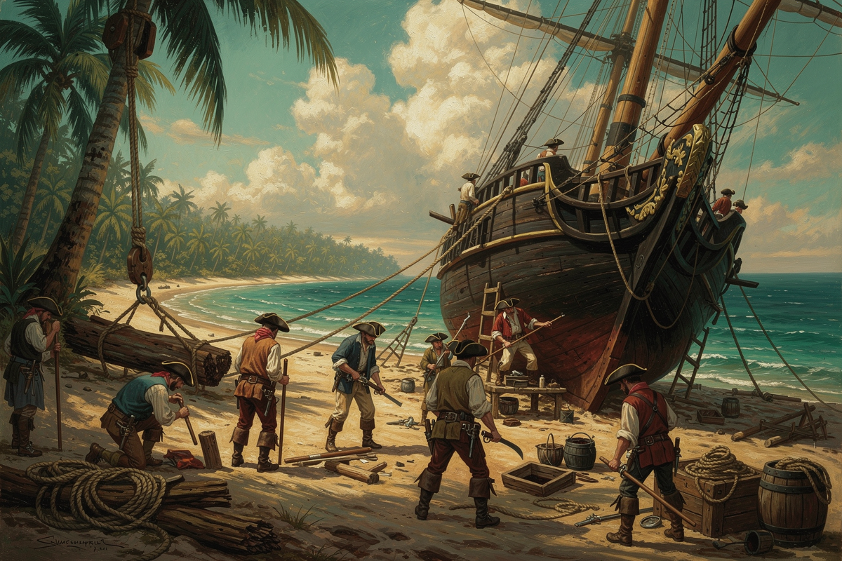 A pirate ship careened on a sandy beach for hull repairs, New Providence, late 1690s.