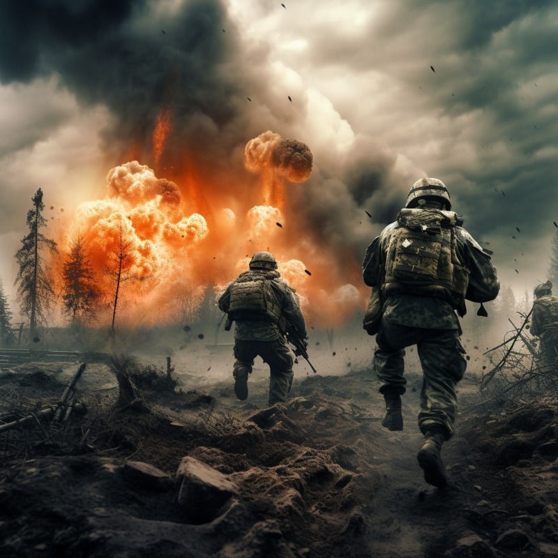 Solders advancing across a battlefield