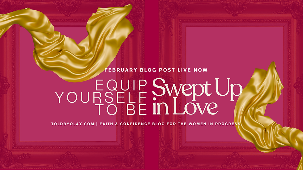 Golden fabric swirls on a pink background with ornate frames. Text: "Equip Yourself to Be Swept Up in Love." February Love Advice blog post live now.