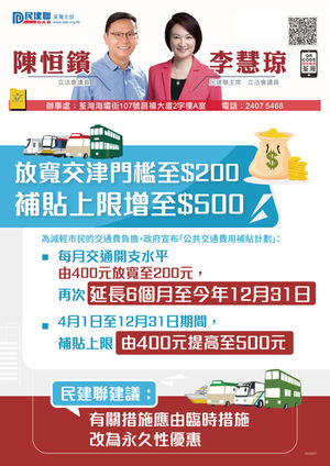 放寬交津門檻至$200，補貼上限增至$500