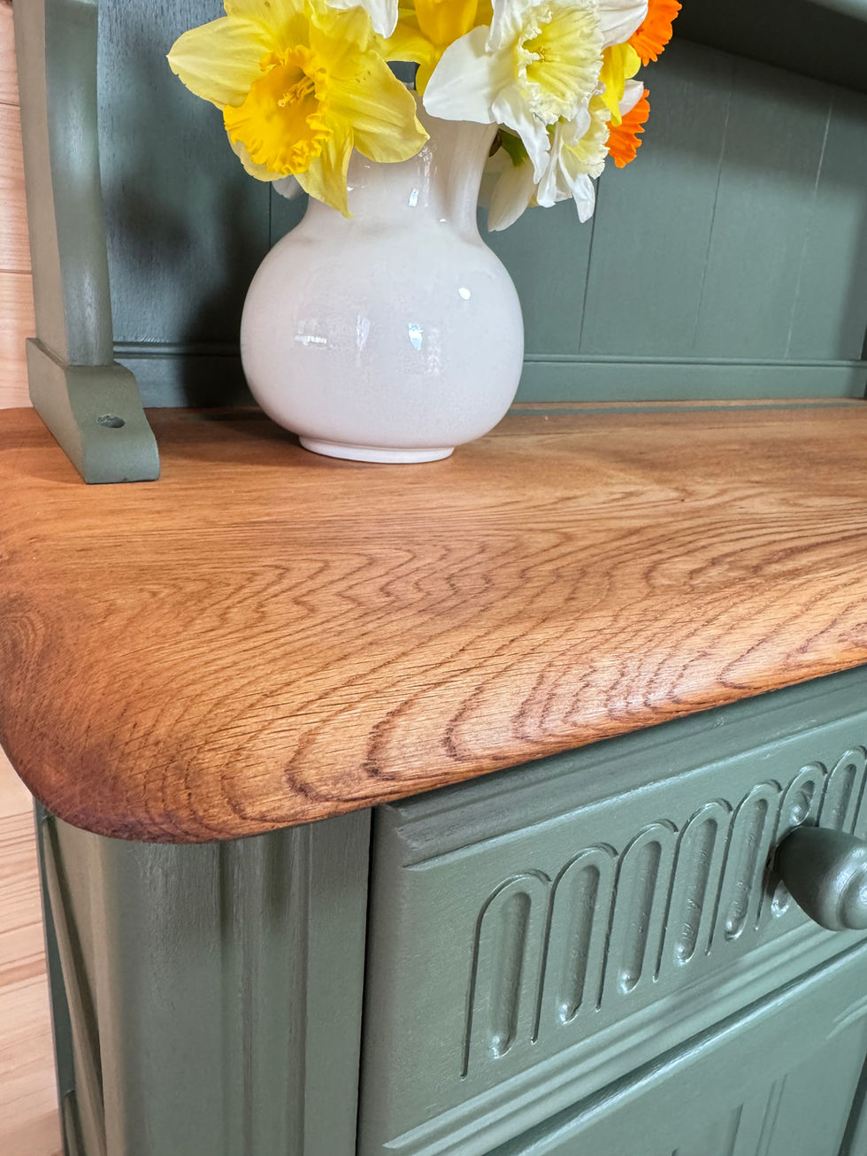 Restored Painted Vintage Priory Welsh Dresser highlighting the oak counter in detail