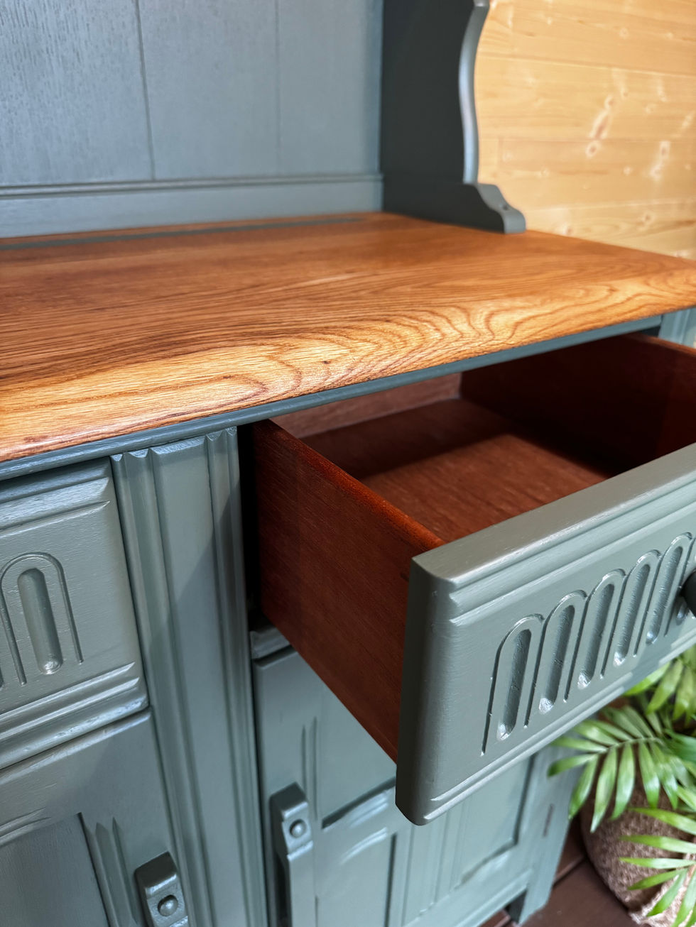Restored Painted Vintage Priory Welsh Dresser highlighting the oak top and open drawer in detail