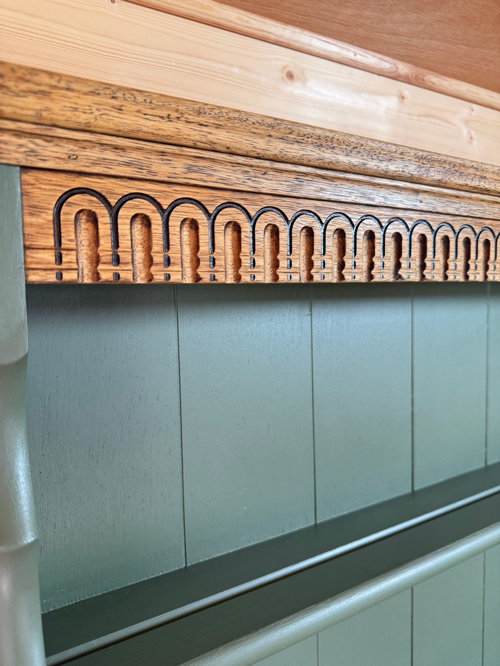 Restored Painted Vintage Priory Welsh Dresser highlighting the oak plinth in detail