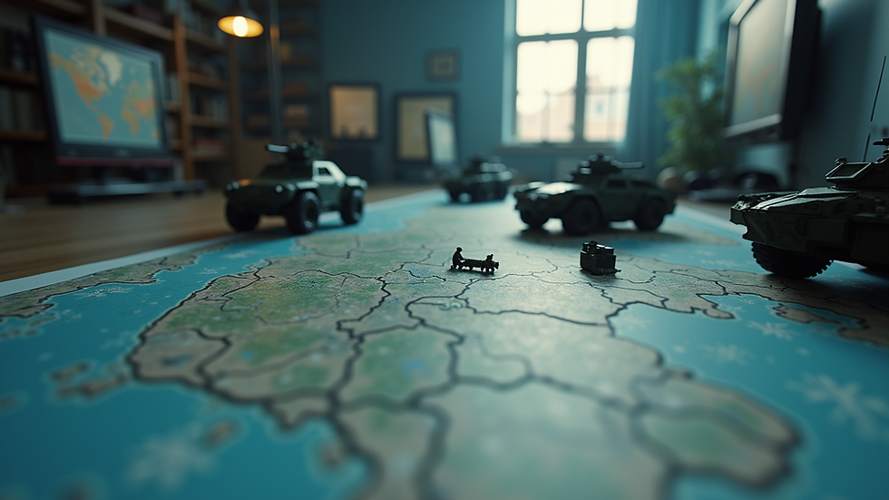 Eye-level view of a military simulation setup with strategic maps and models