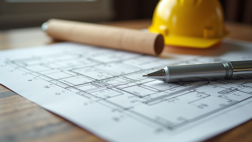 Close-up view of architectural blueprints and construction tools on a wooden table