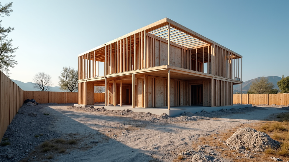 eye-level view of modern house construction site with steel framework