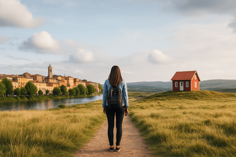 Young woman standing between two contrasting landscapes, symbolizing life between two worlds.