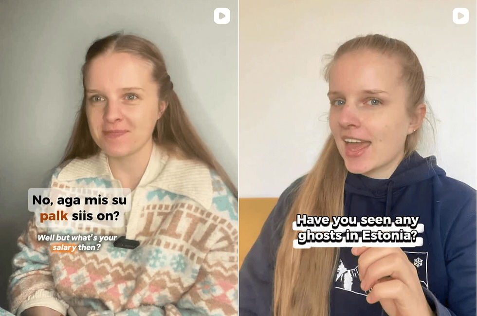 Two images of a woman indoors. Left: wearing a patterned sweater, text asks about salary. Right: in a hoodie, text inquires about ghosts in Estonia.