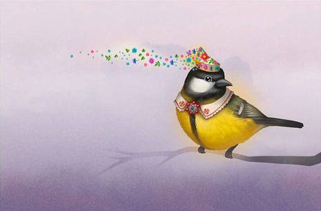 Lucky Laika postcard illustration of a colorful bird with a party hat and bow tie spreading flowers and stars.