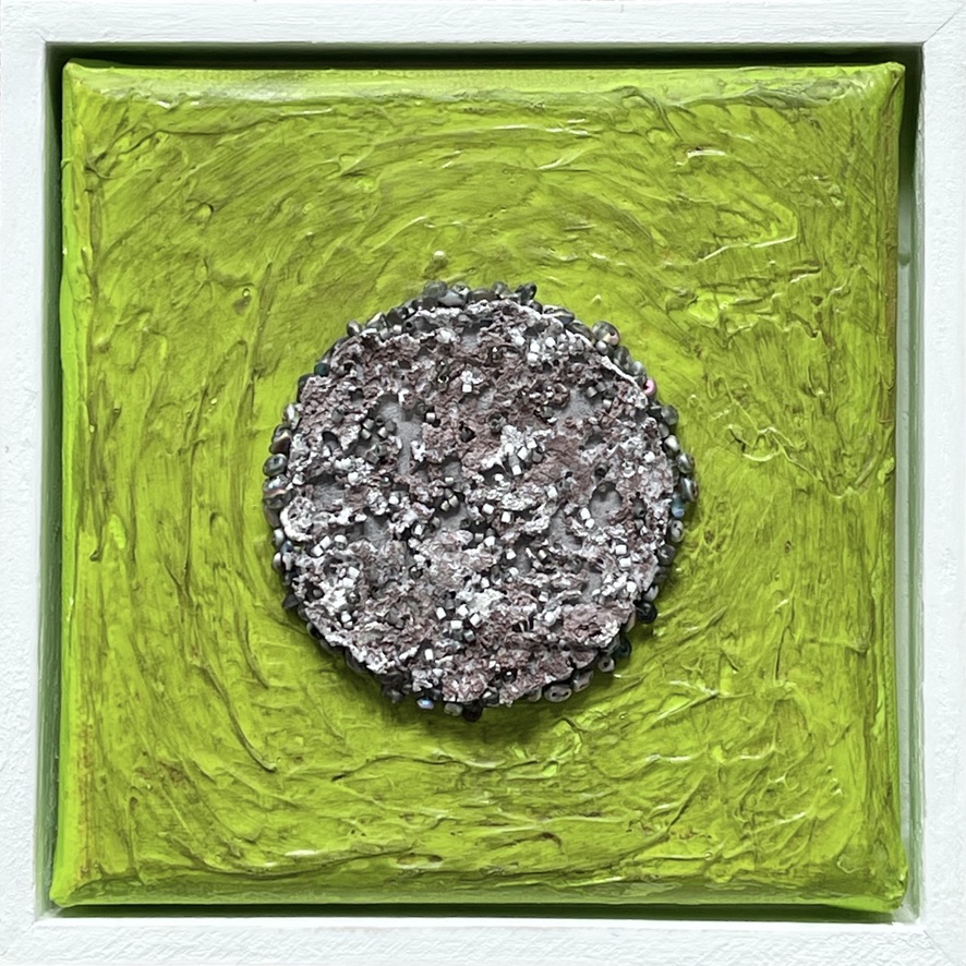 Abstract art: textured circle on lime green square