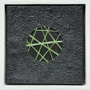 Abstract art: lime green lines intersect within a dark circular cutout