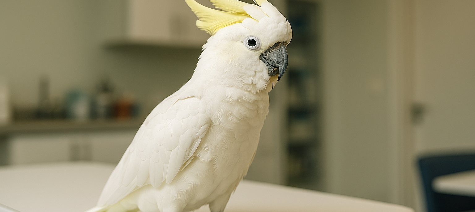 Cacatua branca recebendo cuidados em clínica veterinária especializada em aves.