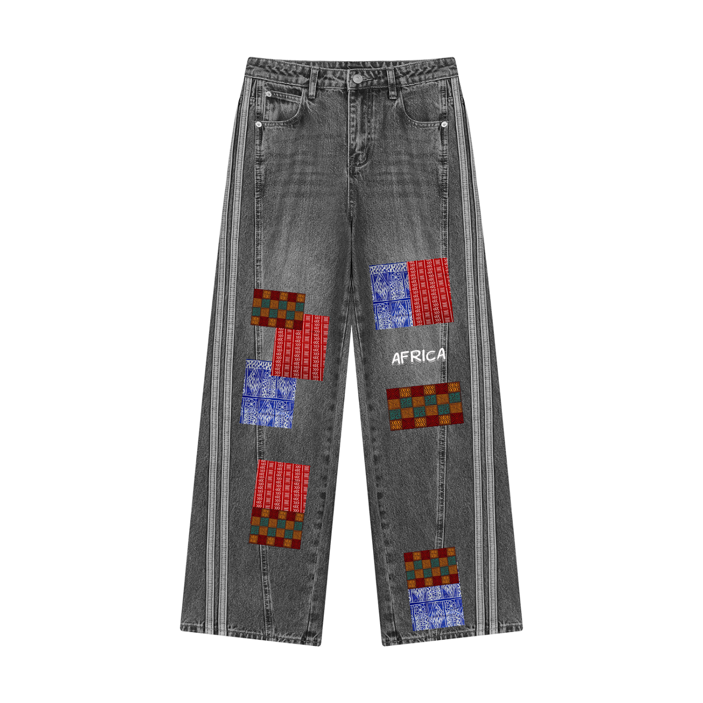 Women's wide leg denim jeans with African patch pattern