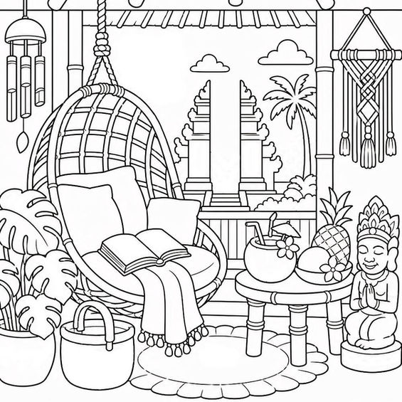 Bali Indonesia temple view reading nook with hanging chair and tropical plants coloring page