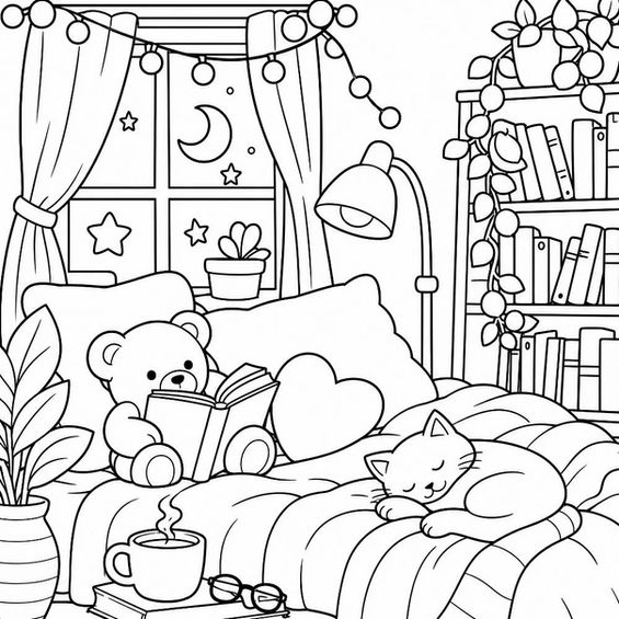 teddy bear reading book with sleeping cat on cushioned window seat coloring page