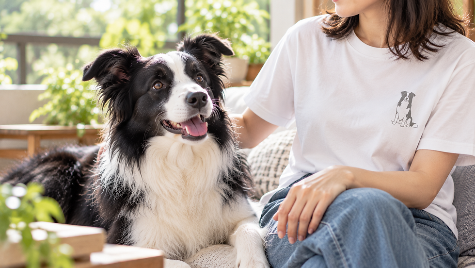 ボーダーコリーと犬の線画入りTシャツを着た人のイメージ