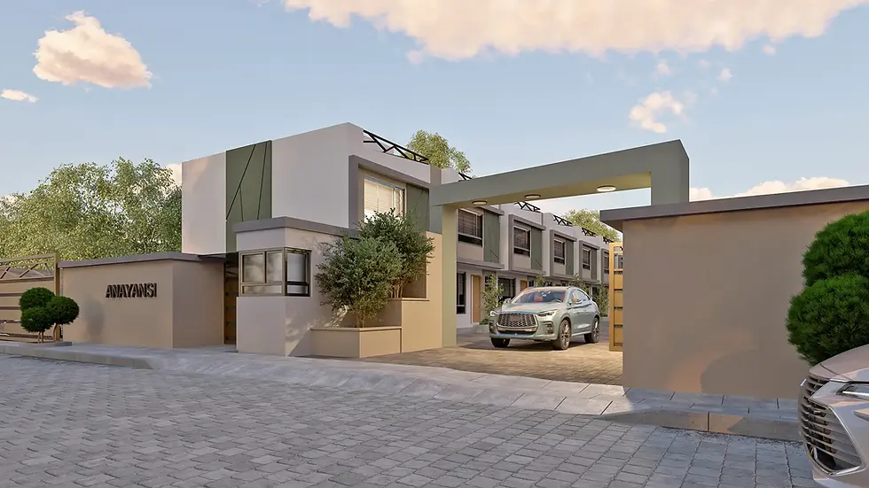 Acceso principal a conjunto residencial de casas modernas en Calderón, con diseño contemporáneo, áreas verdes y parqueadero vehicular.