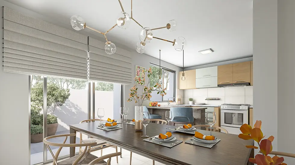 Comedor y cocina integrados con isla, iluminación moderna, luz natural y acceso a patio interior en vivienda Anayansi.