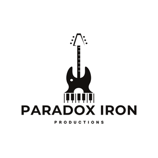 Minimalist black and white logo for Paradox Iron Productions, featuring a guitar headstock that transitions into vertical pia